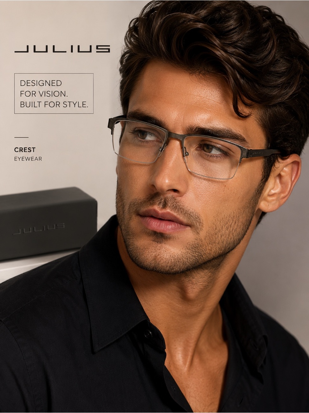 JULIUS JUL19 C2 Titanium Eyeglasses 56-15-140 Semi Rimless Frame w/ Case -7 Rx